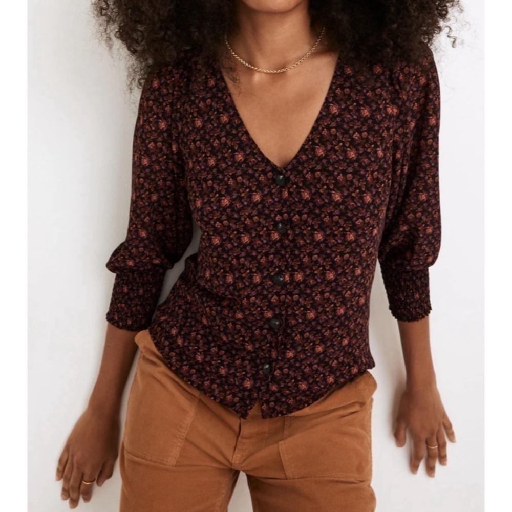 MADEWELL Georgette Smocked-Cuff Button-Front Top in Orchard Floral